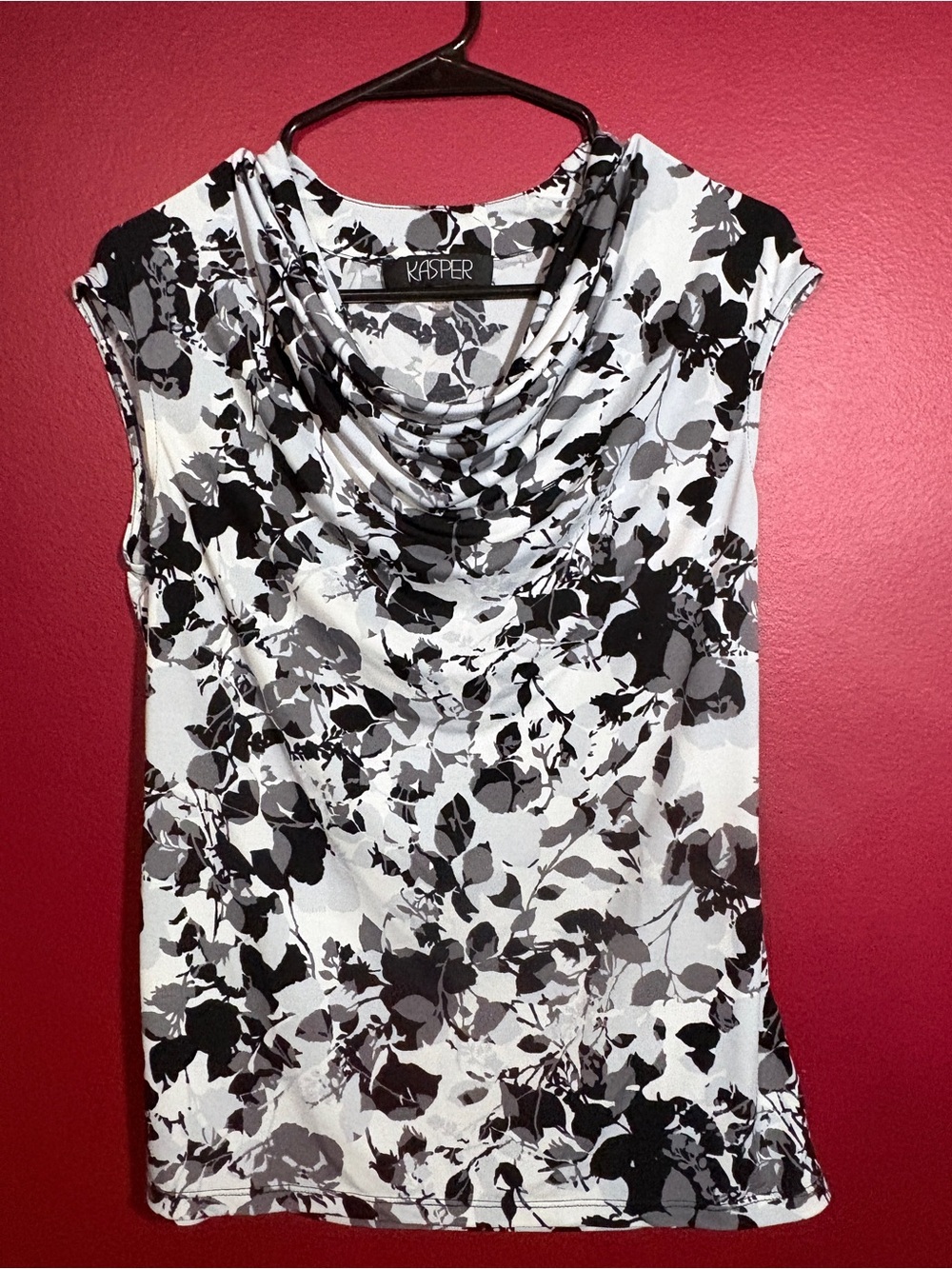 Kasper Black & White Floral Draped Cowl Neck Camisole